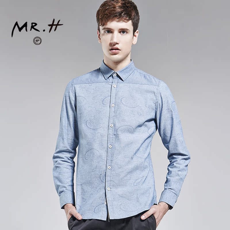 MR．H设计师原创男士拼接长袖衬衫立领 秋季休闲提花衬衣上衣