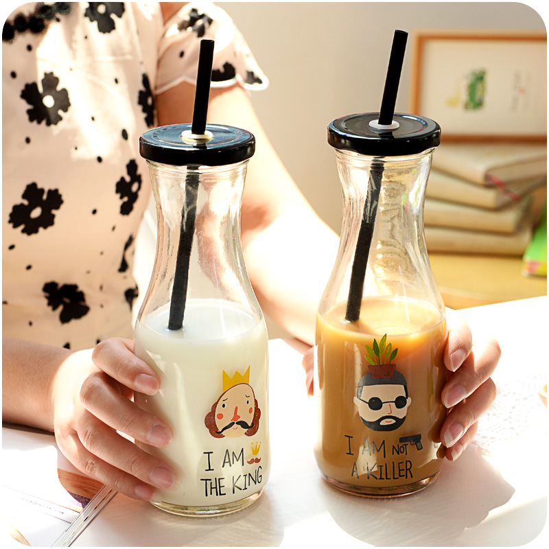 韩国狂想派潮人帮玻璃果汁瓶带盖带吸管牛奶杯玻璃杯子