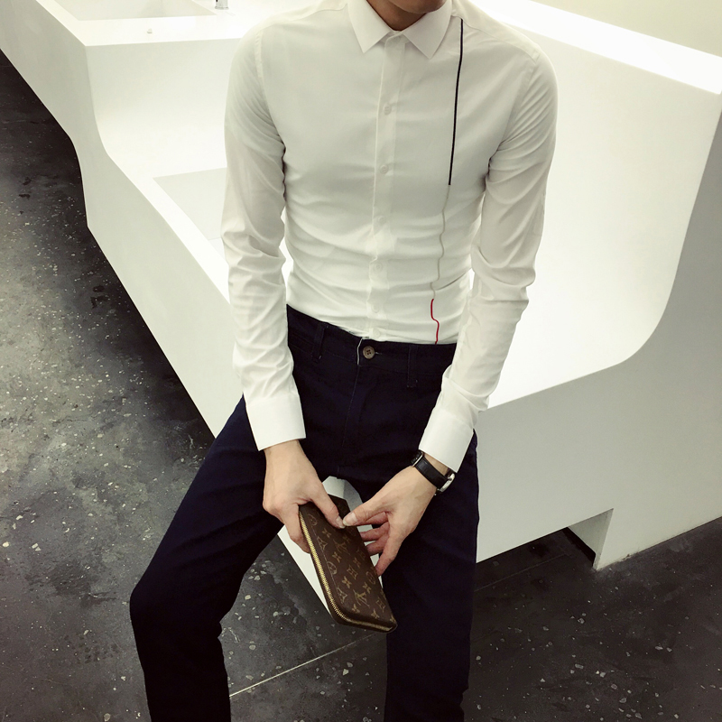 刺绣男士韩版衬衣发型师青年修身款长袖英伦薄款休闲免烫白衬衫潮