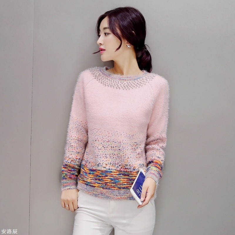 2015女韩版镶钻订珠宽松大码遮肚子毛线衫毛衣外套秋款针织衫套头
