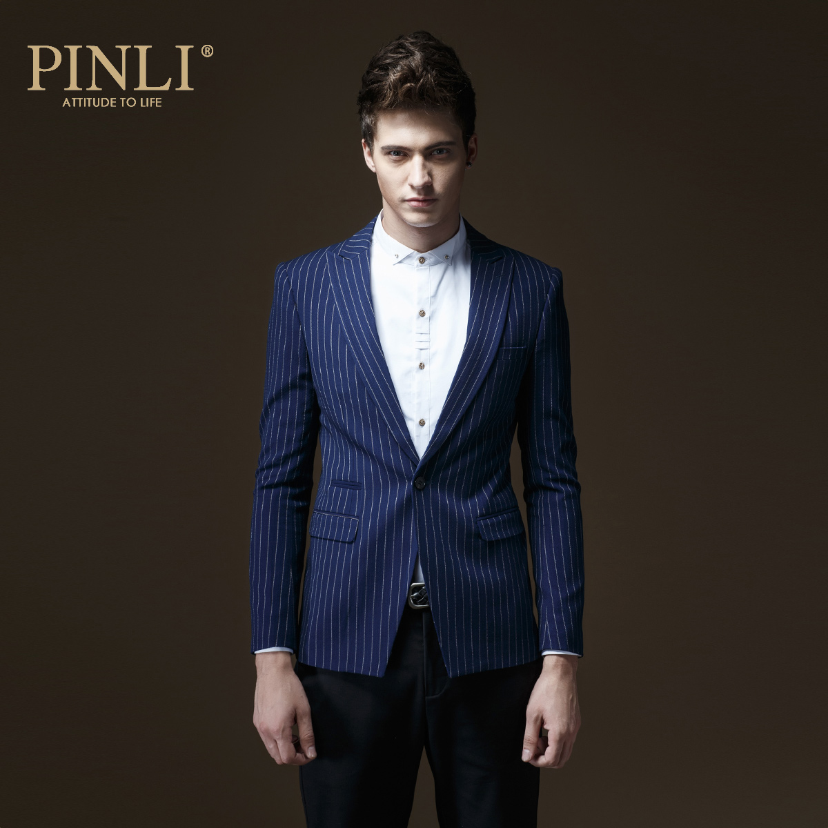 PINLI品立英绅 秋冬新品时尚外套 修身条纹西装男西服外套 潮7329