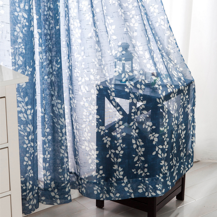 [恩欧兔]韩式田园特价棉麻蓝色窗纱成品卧室印花定制窗帘成品麻纱