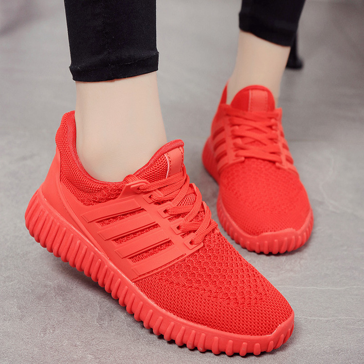 16夏季新款韩版系带网布透气运动跑步鞋女红色爆米花椰子鞋休闲鞋