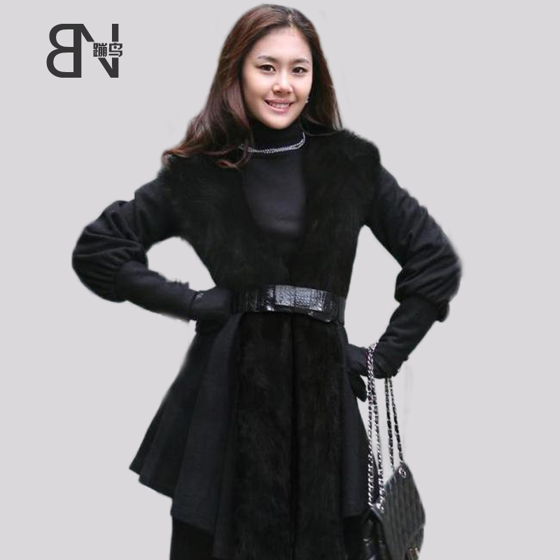 2015新款韩版女装冬装长款修身显瘦高贵仿狐狸毛羊绒大衣毛呢外套