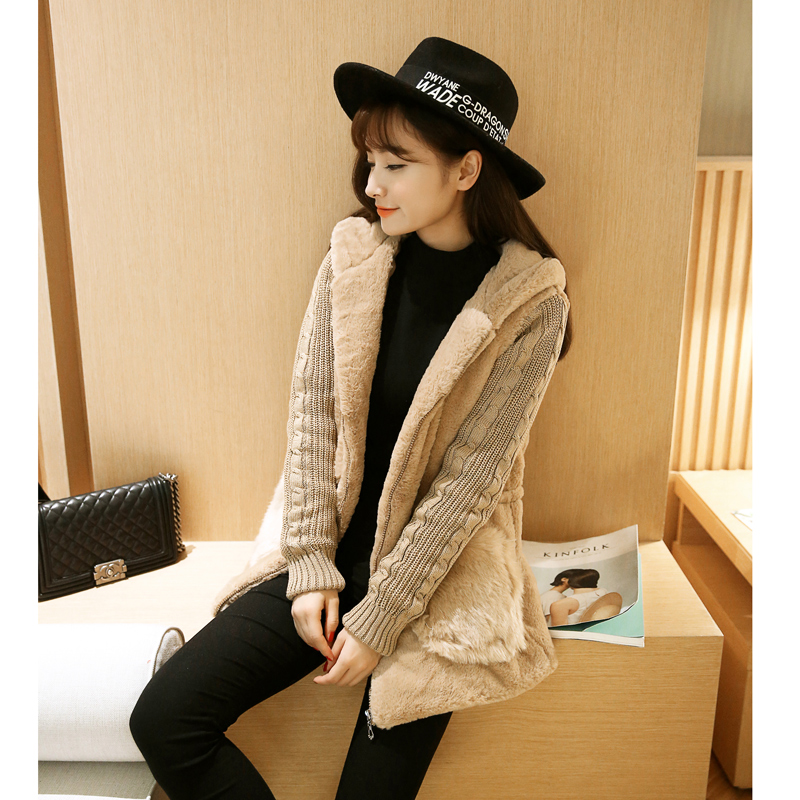 冬季新款韩版时尚女青年可爱毛绒外套百搭针织拼接加厚带帽毛呢