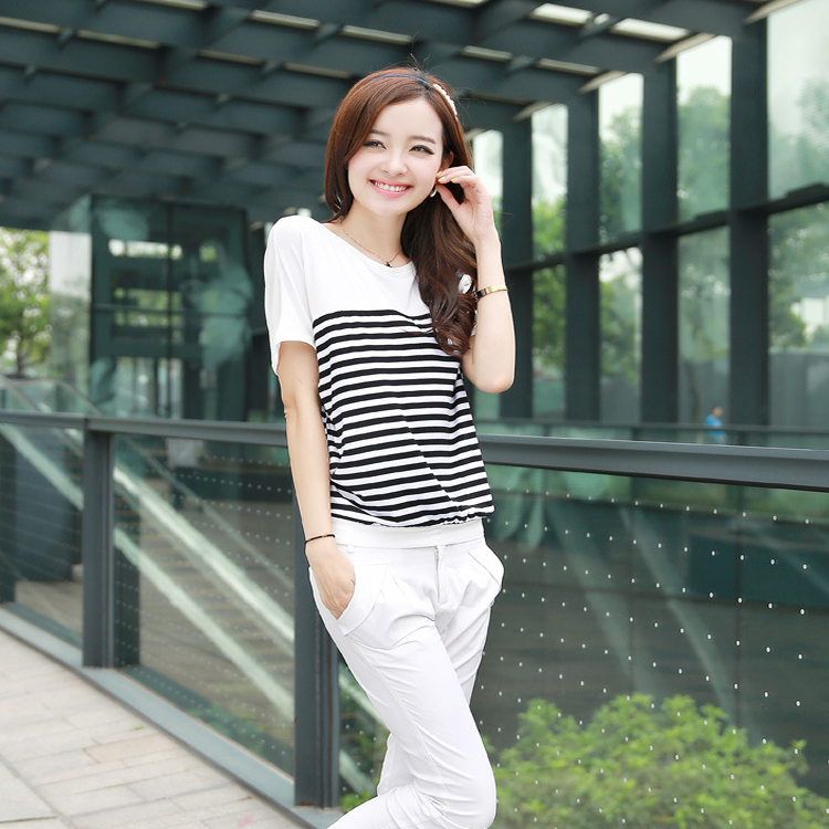 白色短袖t恤女宽松夏季2015韩版半袖纯棉打底衫 条纹莫代尔体恤衫