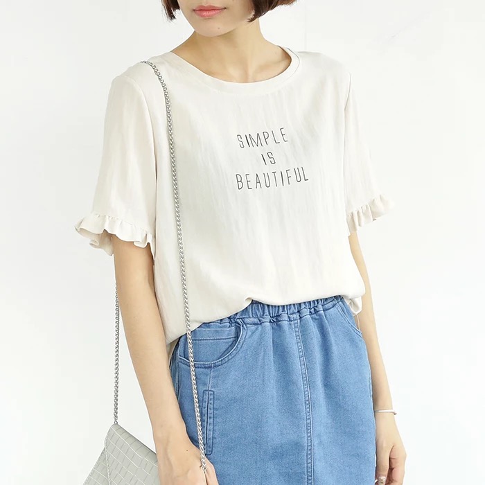 2015夏季新款女装 印花字母圆领套头竹节麻棉荷叶短袖t恤百搭