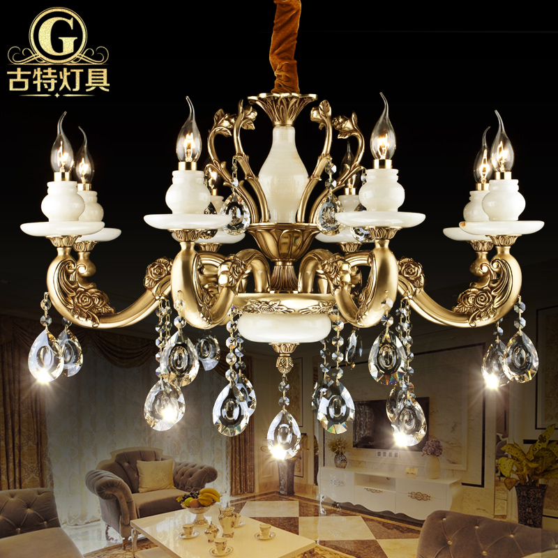 古特欧式水晶吊灯玉石全铜吊灯奢华大气客厅灯卧室餐厅美式铜灯具