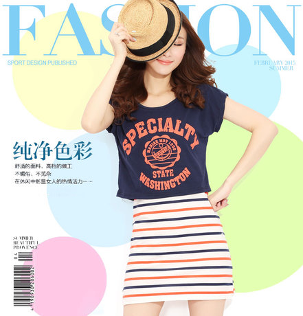 2015夏装新款女装韩版短袖 T恤印花条纹吊带连衣裙时尚修身包臀潮