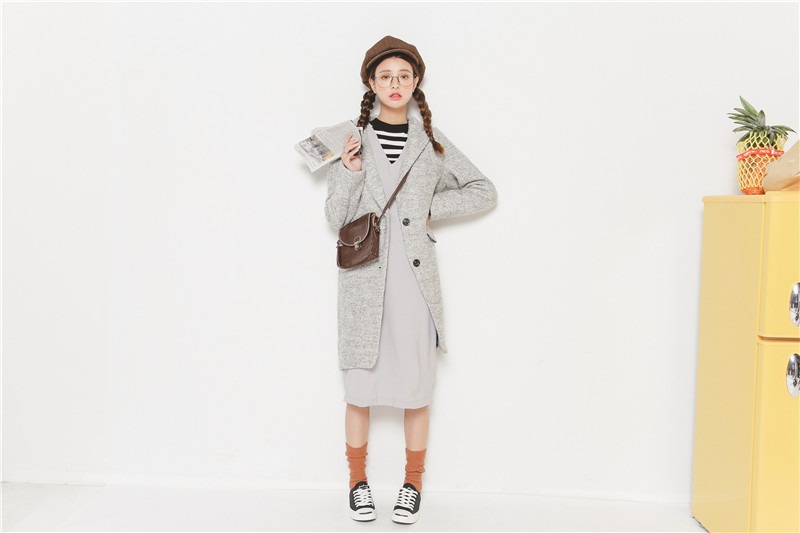 秋季新款外套女 韩版中长款V领毛呢子大衣 秋装保暖外套