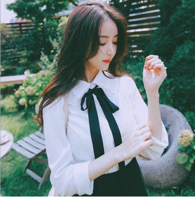 2016春款韩版气质系带蝴蝶结长袖衬衫