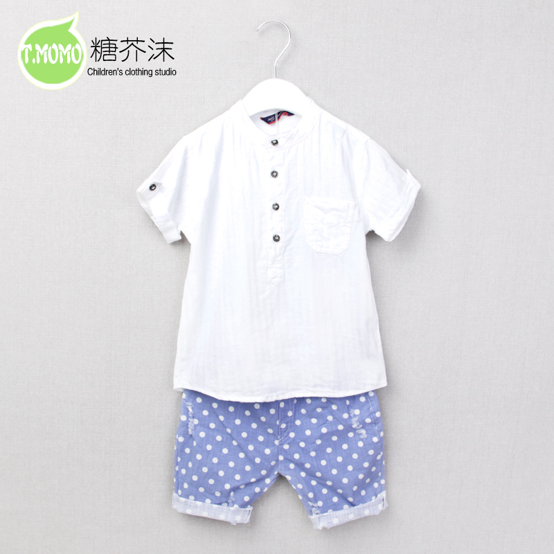 2015夏韩版潮童装白衬衣 男童衬衫儿童白色纯色纯棉圆领立领衬衣