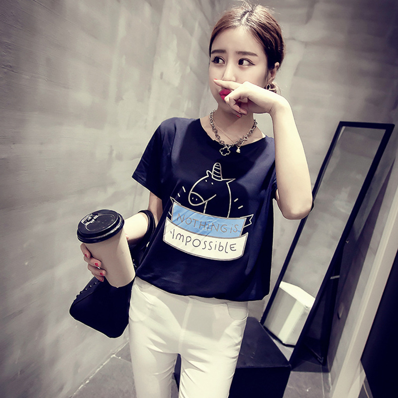 2016新款韩版时尚女装宽松大码卡通印花上衣时尚打底衫短袖T恤女