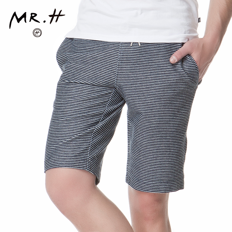 MR.H夏季男士条纹短裤英伦风五分裤针织牛仔全棉运动休闲宽松短裤