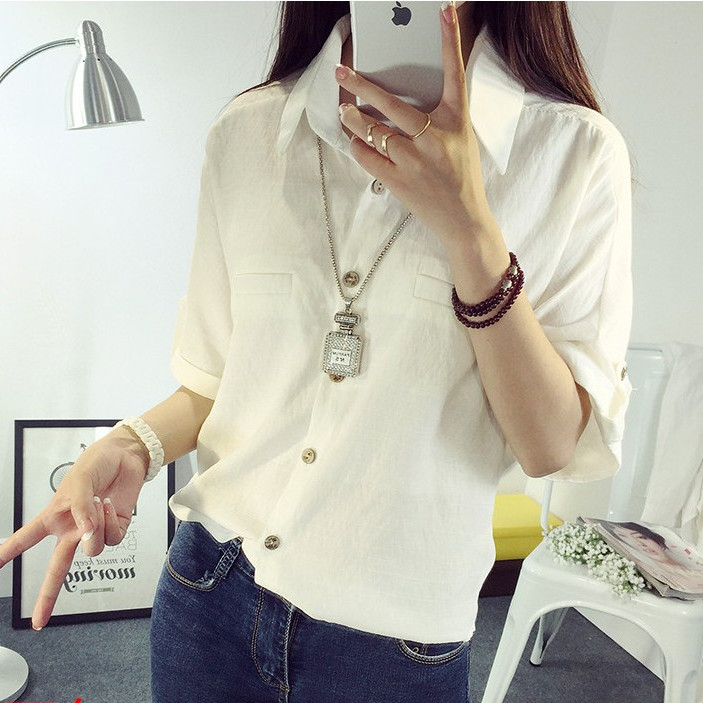 2015新款韩版棉麻衬衫短袖夏学生女士宽松上衣纯色立领亚麻衬衣
