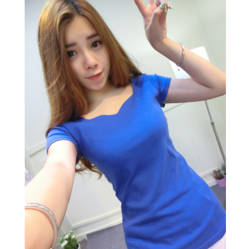 2015韩版女士T恤女 夏装时尚短袖小V领T恤修身显瘦半袖打底衫 潮