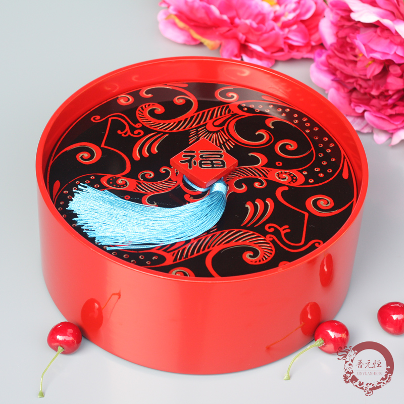 晋元恒新中式实木手工彩绘带盖分格干果糖果盒汉纹复古红色漆盒