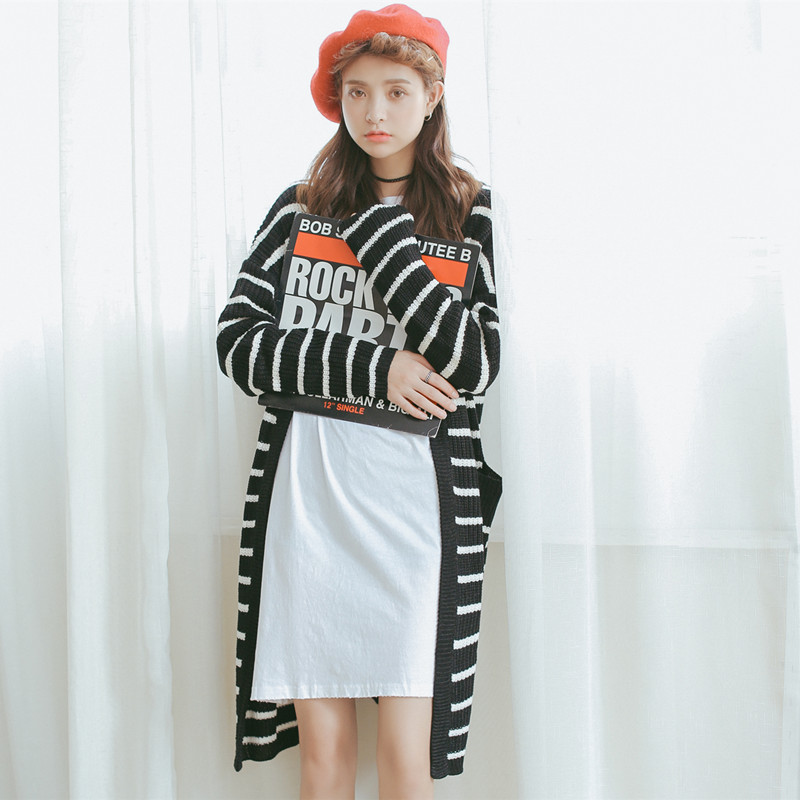 实拍 2015韩国秋装新款日系甜美百搭条纹针织开衫毛衣外套女