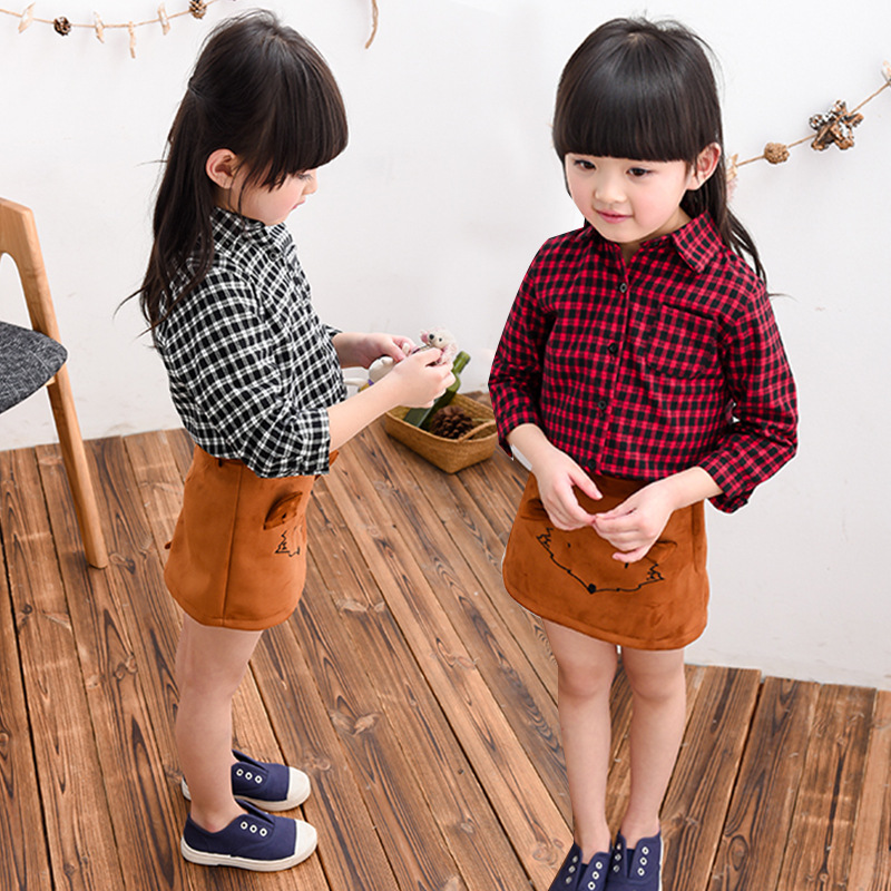 春秋季新款韩版儿童长袖格子衬衫女童狐狸耳朵包臀短裙套装两件套