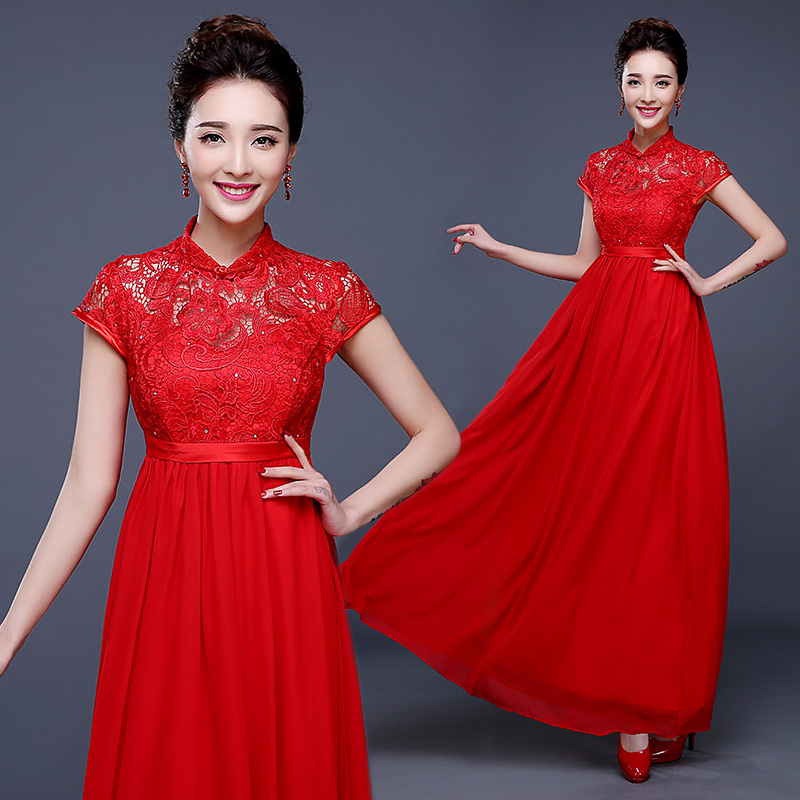 旗袍敬酒服2015夏新款秋季中式复古长款蕾丝红色新娘结婚晚礼服裙