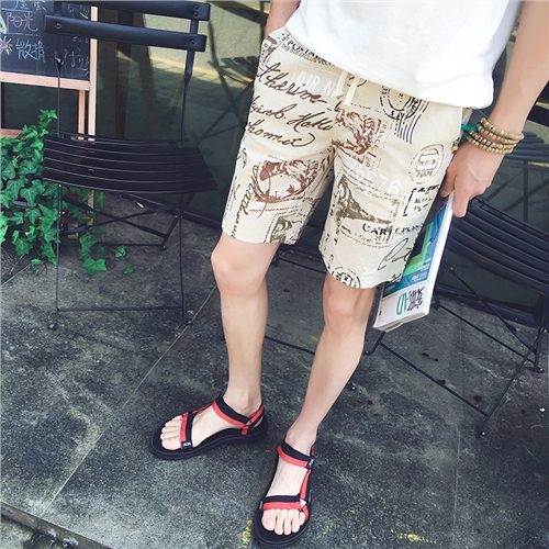 夏日系复古印花沙滩裤男士五分薄款亚麻裤宽松民族风短裤大码男潮