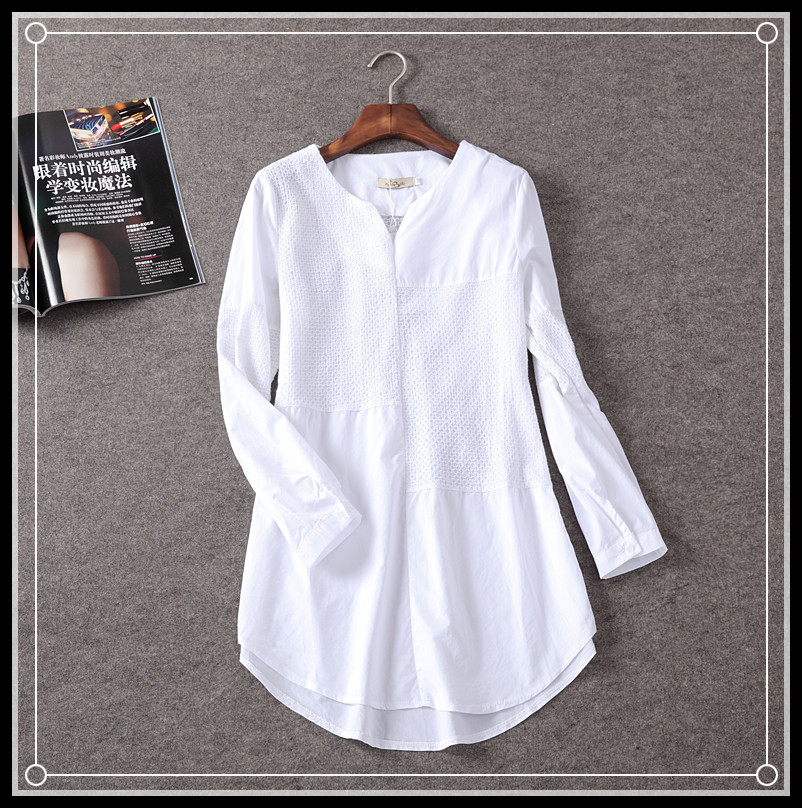 欧洲站2015秋装新款日系森女系V领百搭显瘦中长款白衬衫女长袖T恤