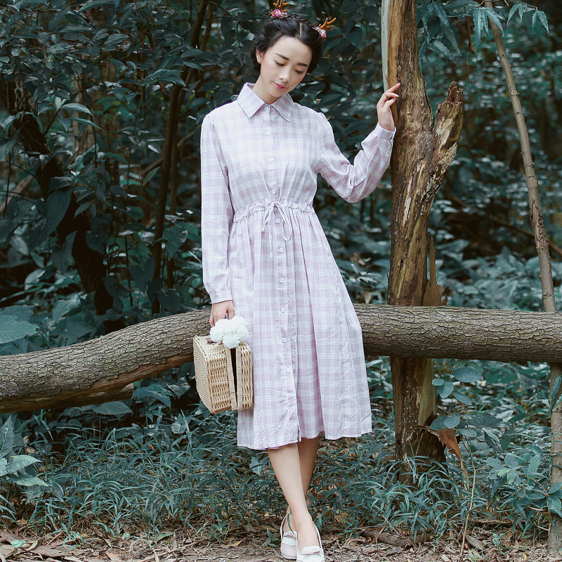 2015秋季新款日系时尚森女格子长袖连衣裙女装修身显瘦韩版中长裙