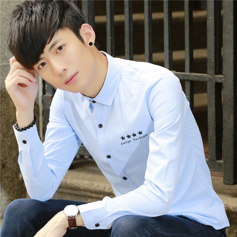 春季新款男士长袖衬衫男青少年学生修身上衣韩版商务休闲潮男衬衣