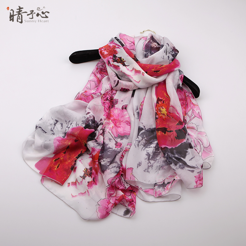 真丝丝巾 女士秋冬围巾披肩两用 超长宽 中国风红牡丹植物花卉