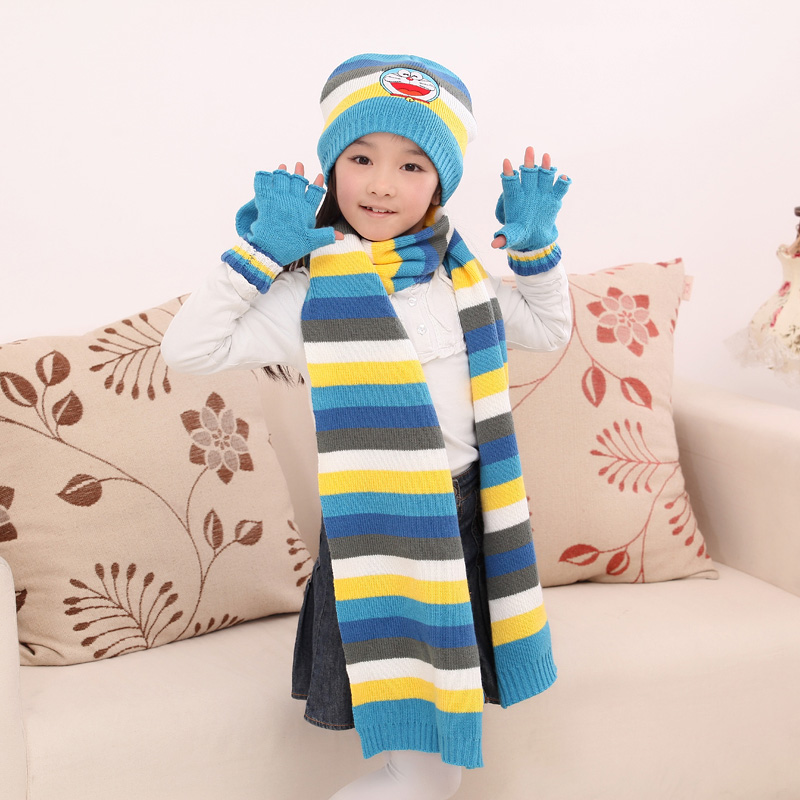 哆啦A梦 帽子围巾手套三件套装儿童针织帽子秋冬季3件套 正版授权