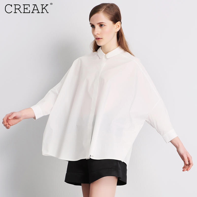 CREAK/瑞卡2015秋装新品宽松蝙蝠袖纯棉衬衫长袖女大码休闲白衬衣