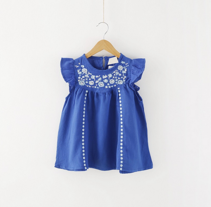 2015夏装新款 女童小飞袖棉麻 刺绣娃娃衫 蓝红绿三色连衣娃娃裙