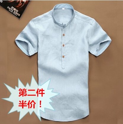 中国风亚麻短袖男韩版宽松型纯色男式短袖衬衫薄款亚麻衬衫男夏季