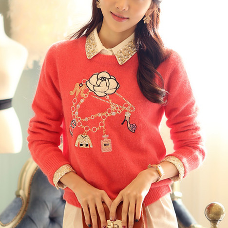 2014韩版秋装新款女装打底衫 纯色毛衣 圆领绣花修身针织衫