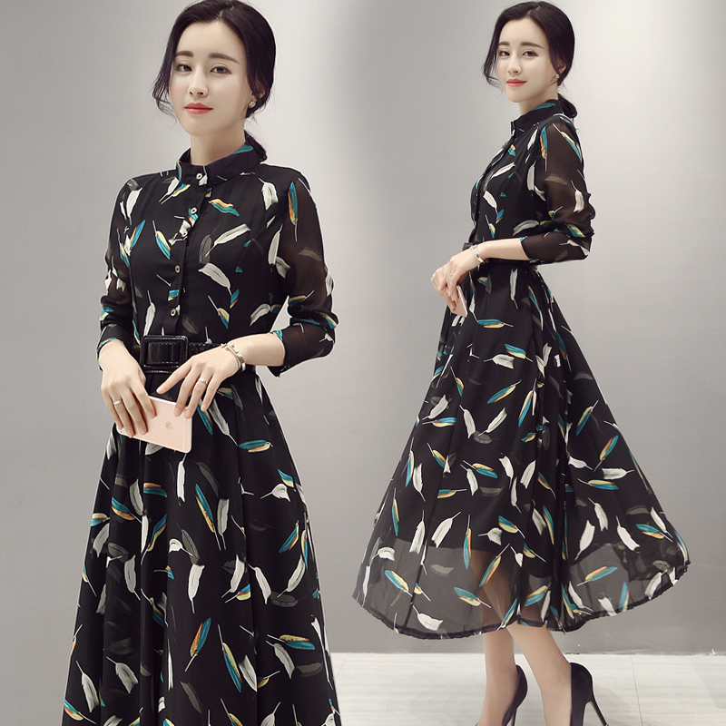 2016春季新款连衣裙女韩版印花修身显瘦长袖雪纺OL中长款