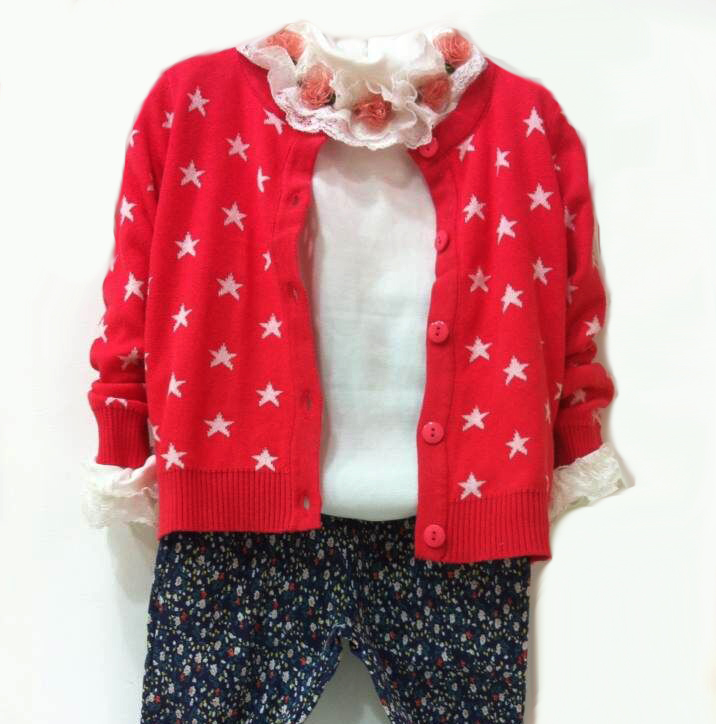 韩版时尚女童红色五角星针织开衫外套