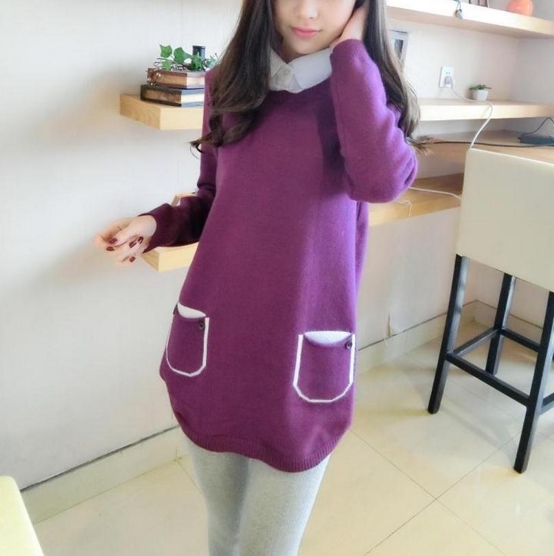 2015秋装新款韩版中长款衬衫领针织衫女宽松口袋打底衫毛衣