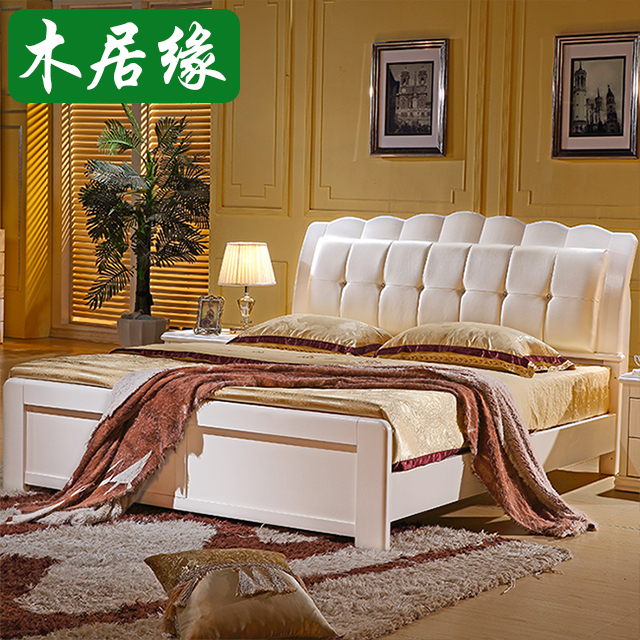 实木床橡木床白色 现代简约软包皮床1.8米成人气压高箱储物大床铺