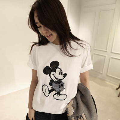 2015夏装新款 韩版女装圆领短袖宽松T恤 米老鼠纯色显瘦大码女装