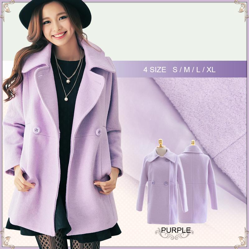 紫色茧型中长款大码毛呢外套女宽松加厚保暖进口羊毛尼双排扣大衣