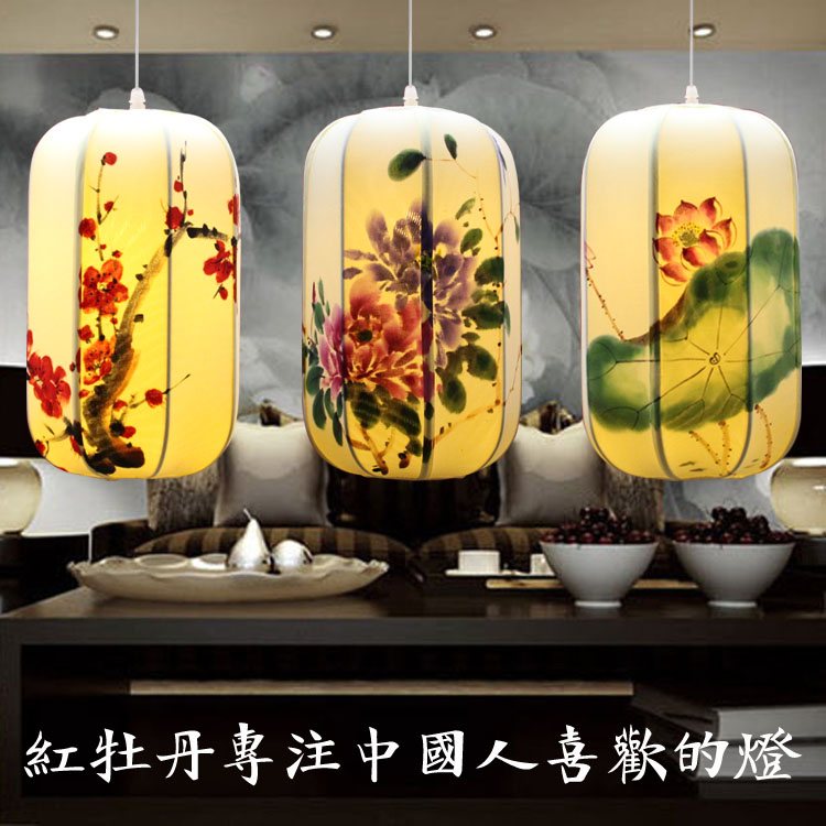 中式古典手绘国画布艺吊灯仿古茶楼酒店客厅卧室书房餐厅仿羊皮灯