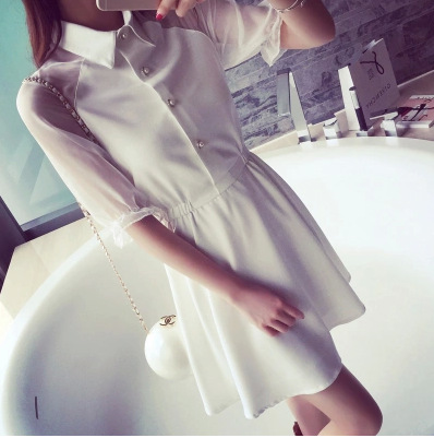 A【哚啦】0332夏装新款2015韩版甜美网纱拼接收腰显瘦雪纺连衣裙