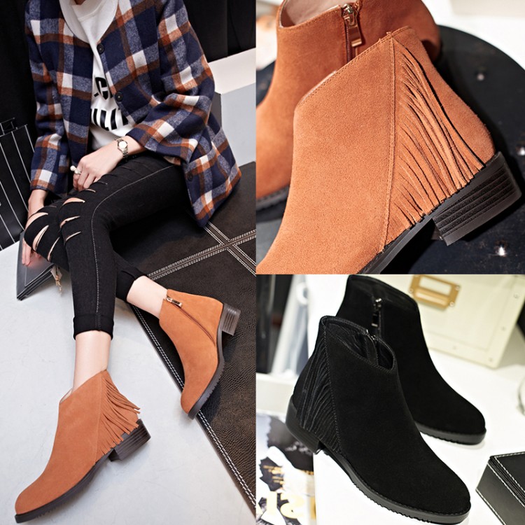 韩版2015秋冬新款低跟流苏短靴 真皮侧拉链裸色平跟马丁靴女靴子