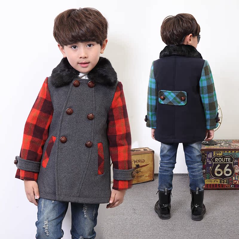 西西子男童外套 冬装新款小童韩版羊毛呢子大衣夹棉加厚外套风衣