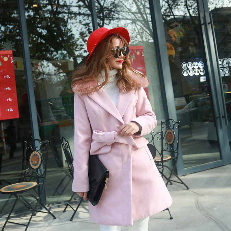2015冬季韩版新款女装修身显瘦大毛领呢子大衣加厚保暖毛呢外套潮