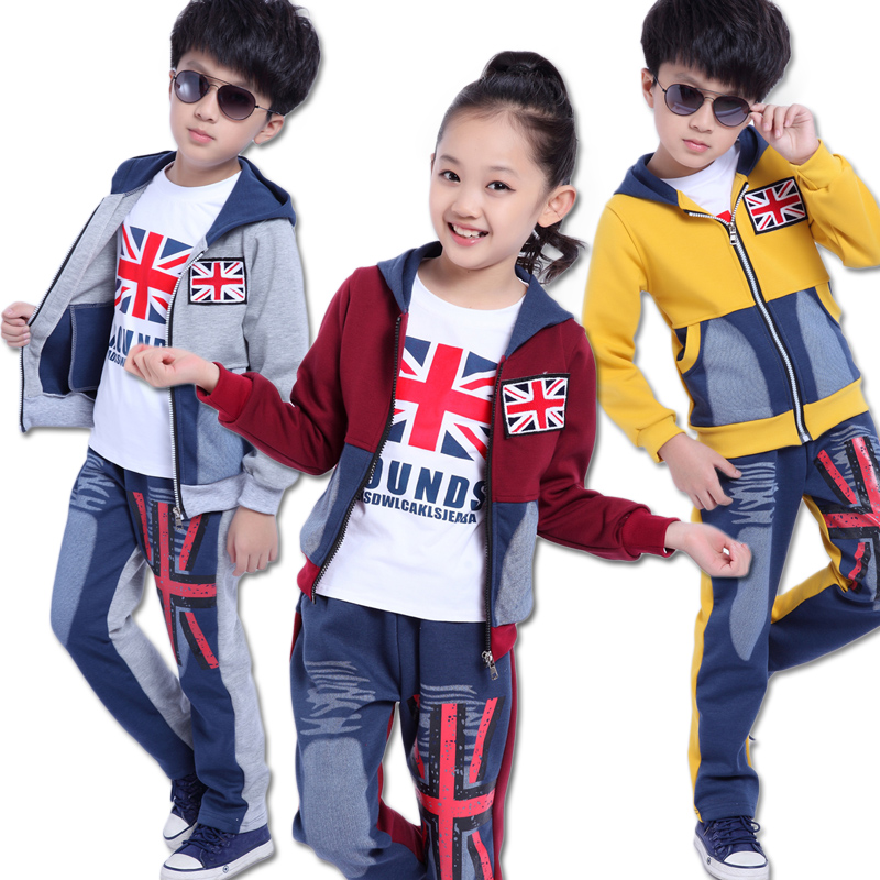 童装男童女童2014新款秋装韩版套装纯棉长袖米字时尚休闲三件套装