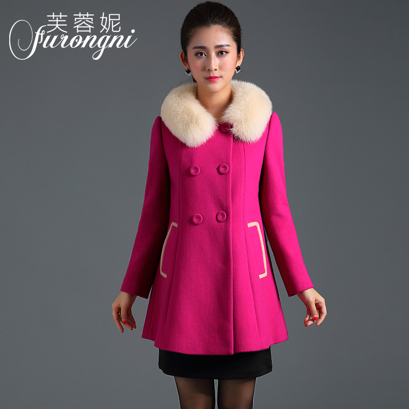 中青年女装 2015秋冬新款女士毛呢外套中长款淑女修身粉红色大衣