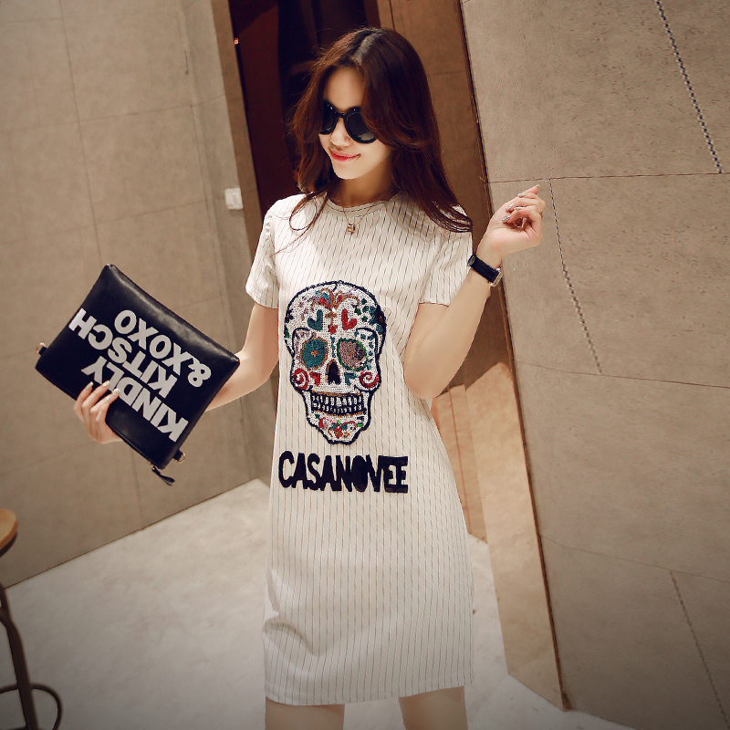 2015夏季新款韩版时尚中长款骷髅条纹T恤女装连衣裙性感休闲修身