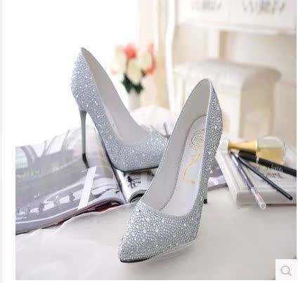 2014 白色水钻欧美时尚女王 单鞋性感夜店高跟鞋百搭黑色尖头鞋