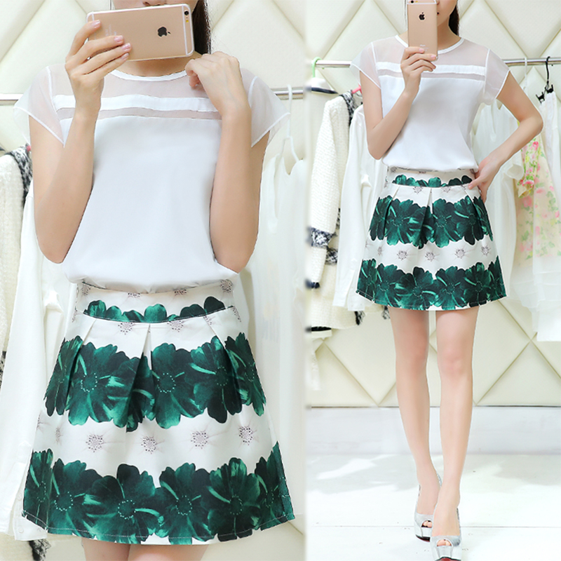 2015夏装新款女装连衣裙韩版修身印花短袖雪纺衫+短裙套装两件套
